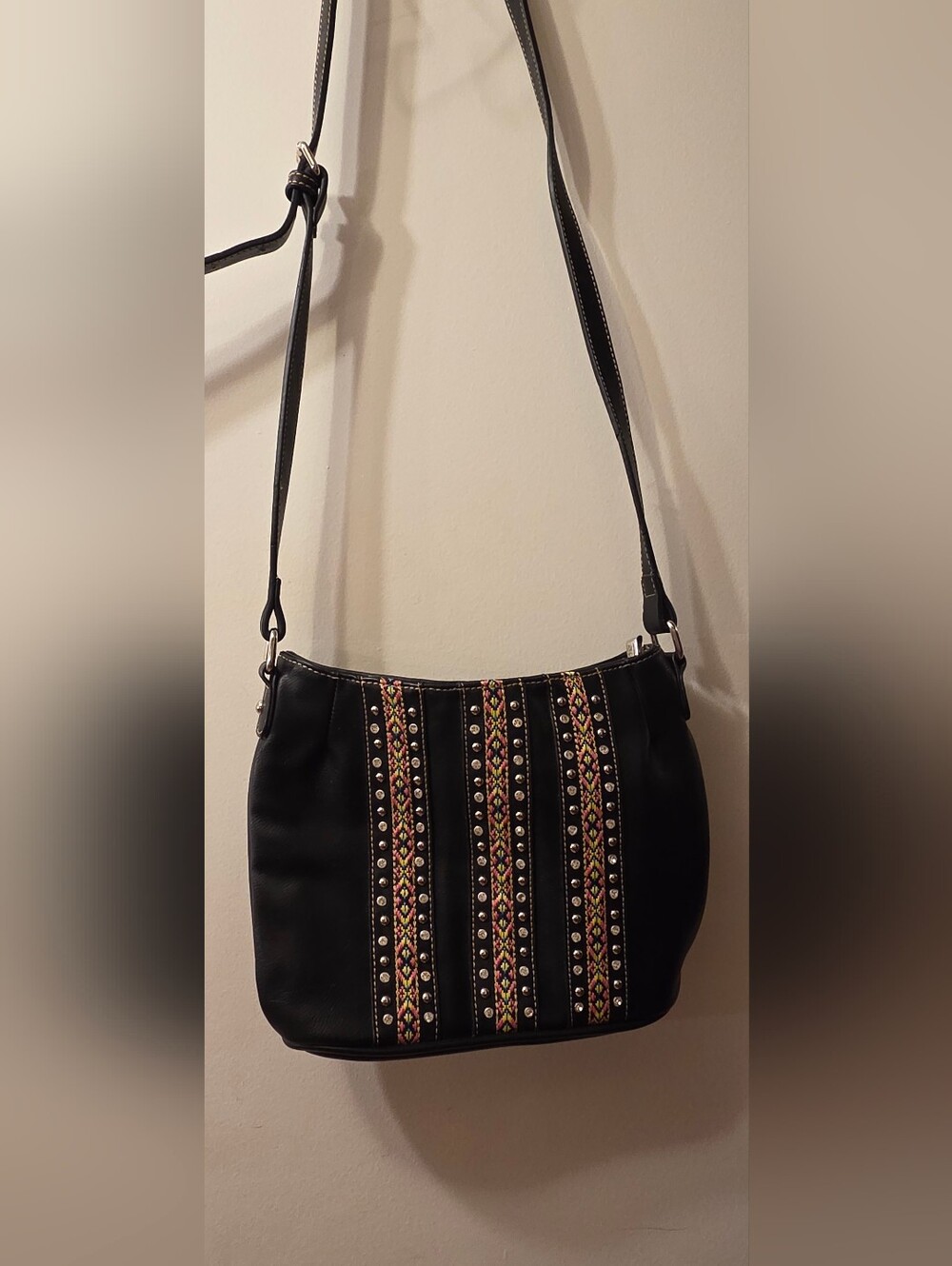Montana West-Black Studded Shoulder Bag with Multicolor Embroidered Stripes